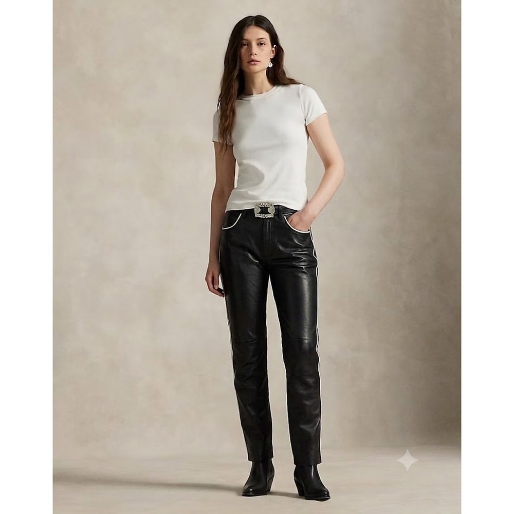Ralph Lauren Collection Purple Label Black Lambskin Leather Pants White Piping 8